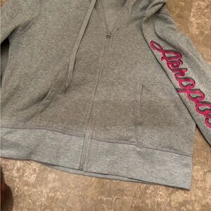 Aeropostale Heather Gray Zip-Up with Pink Sleeve Logo